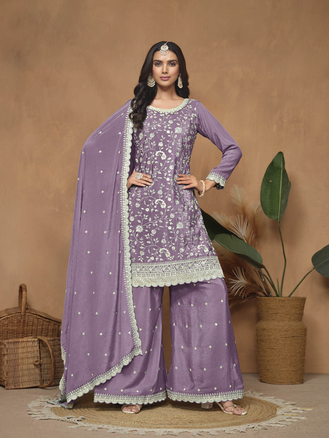 Light Purple Traditional Designer Semi-Stitched Palazzo Suit With Resham Sequence Work