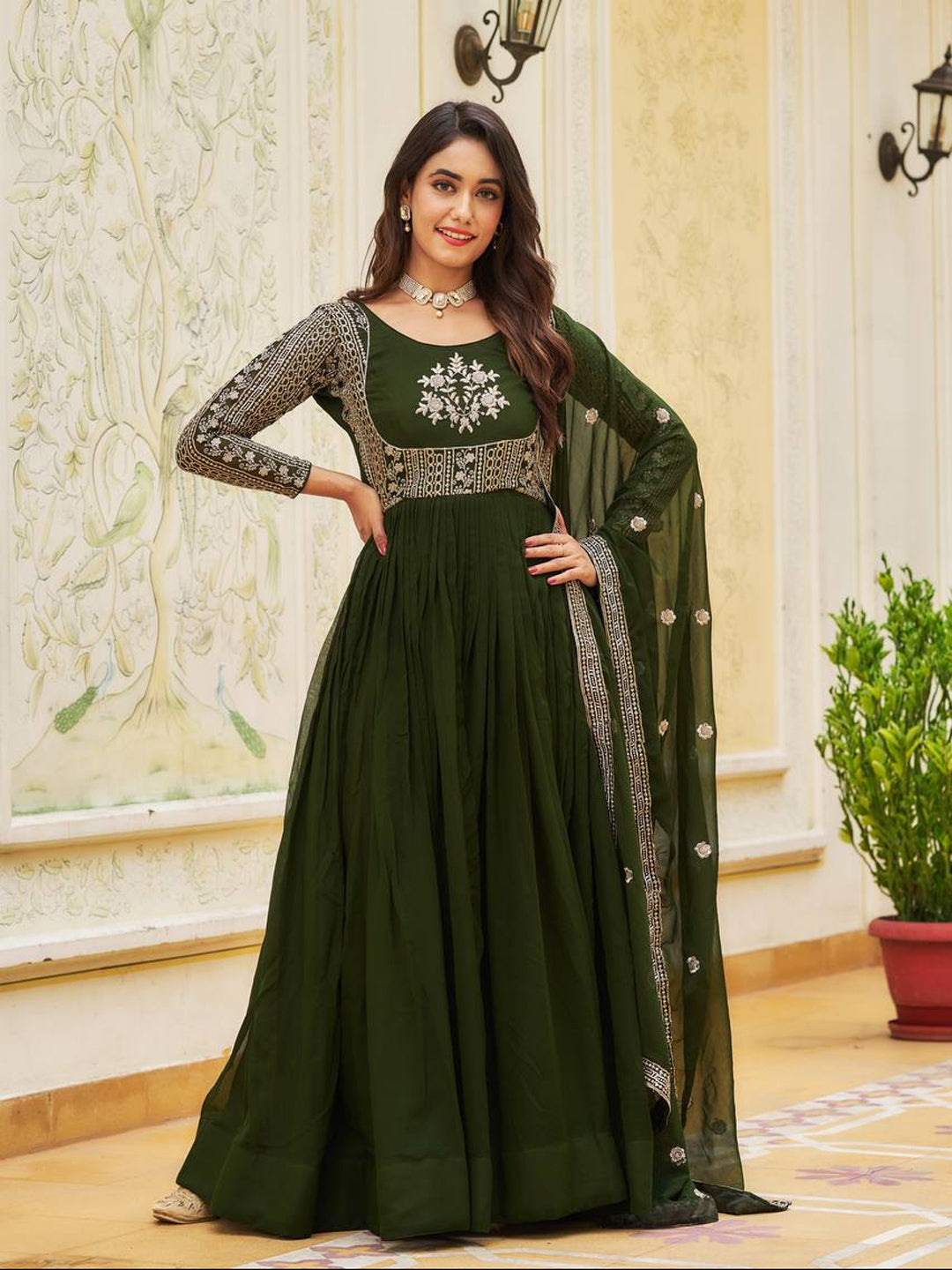 Mehendi Green Chiffon Girlish Anarkali Suit With Hand Embroidery Work On Neck & Border main image 1