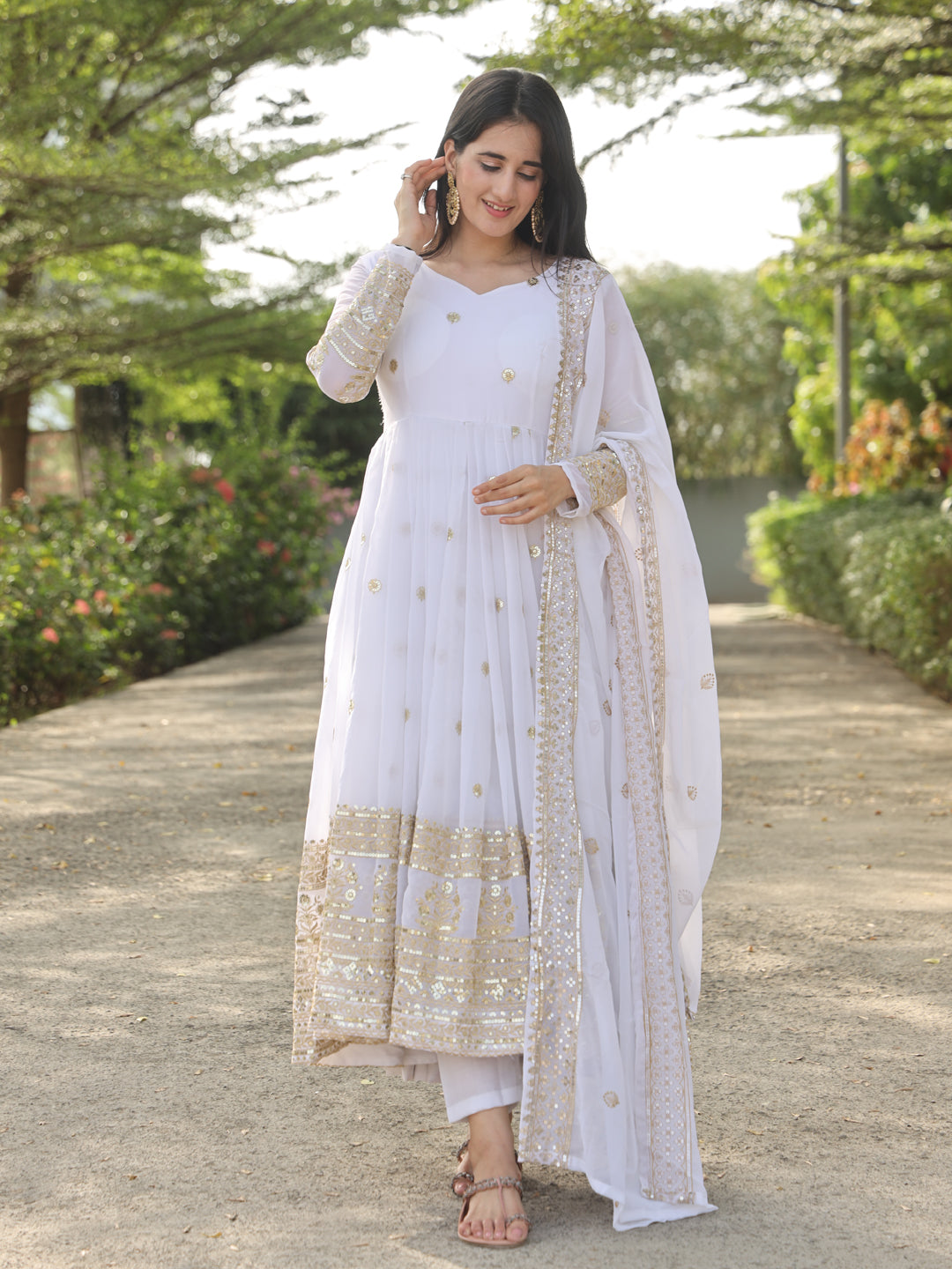 White Georgette Anarkali Dress 193571 White Thread Embroidery With Zari Sequence Work RT10353-193571 – Arabic attire