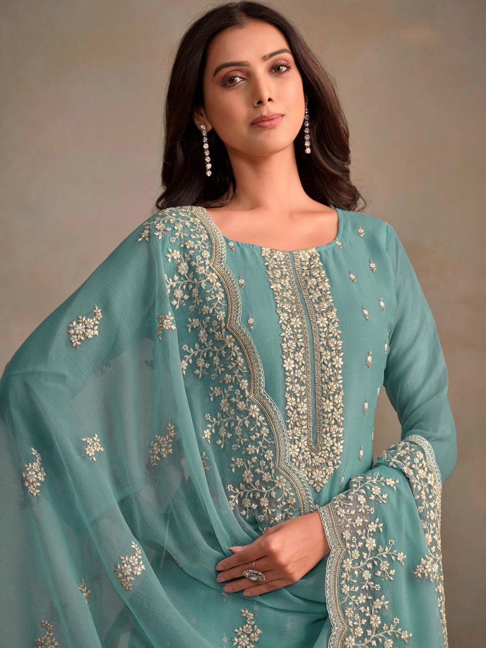 Light Blue Designer Heavy Semi-Stitched Pant Suit With Multi Thread Embroidery Hand Work main image 1