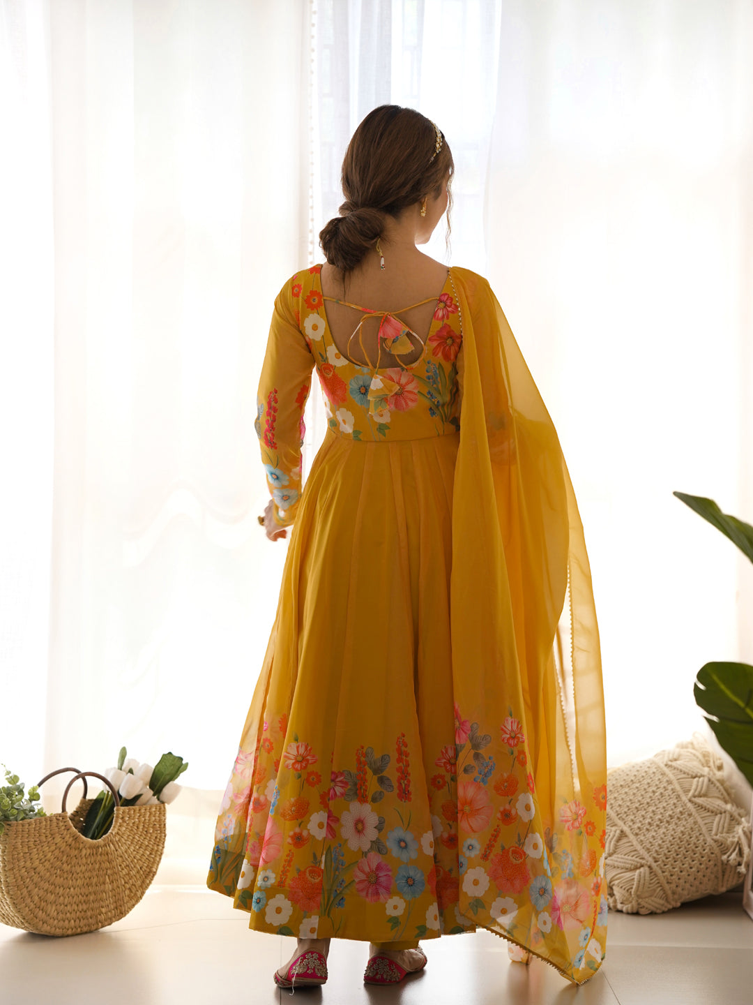 Mustard Pure Cotton Printed Anarkali Dress For Summer