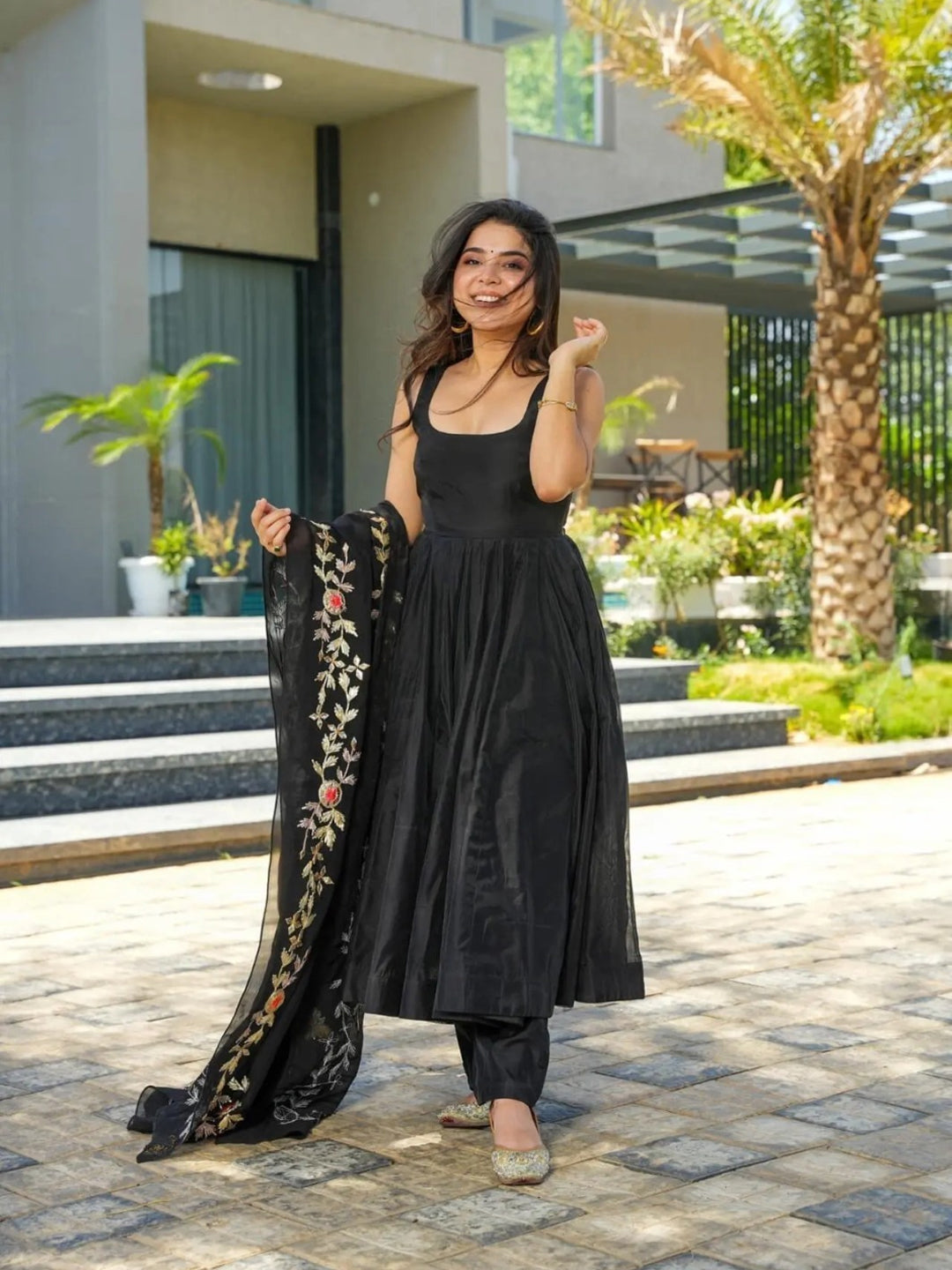 Black Silk Embroidered Anarkali Suit Set - Ready To Ship