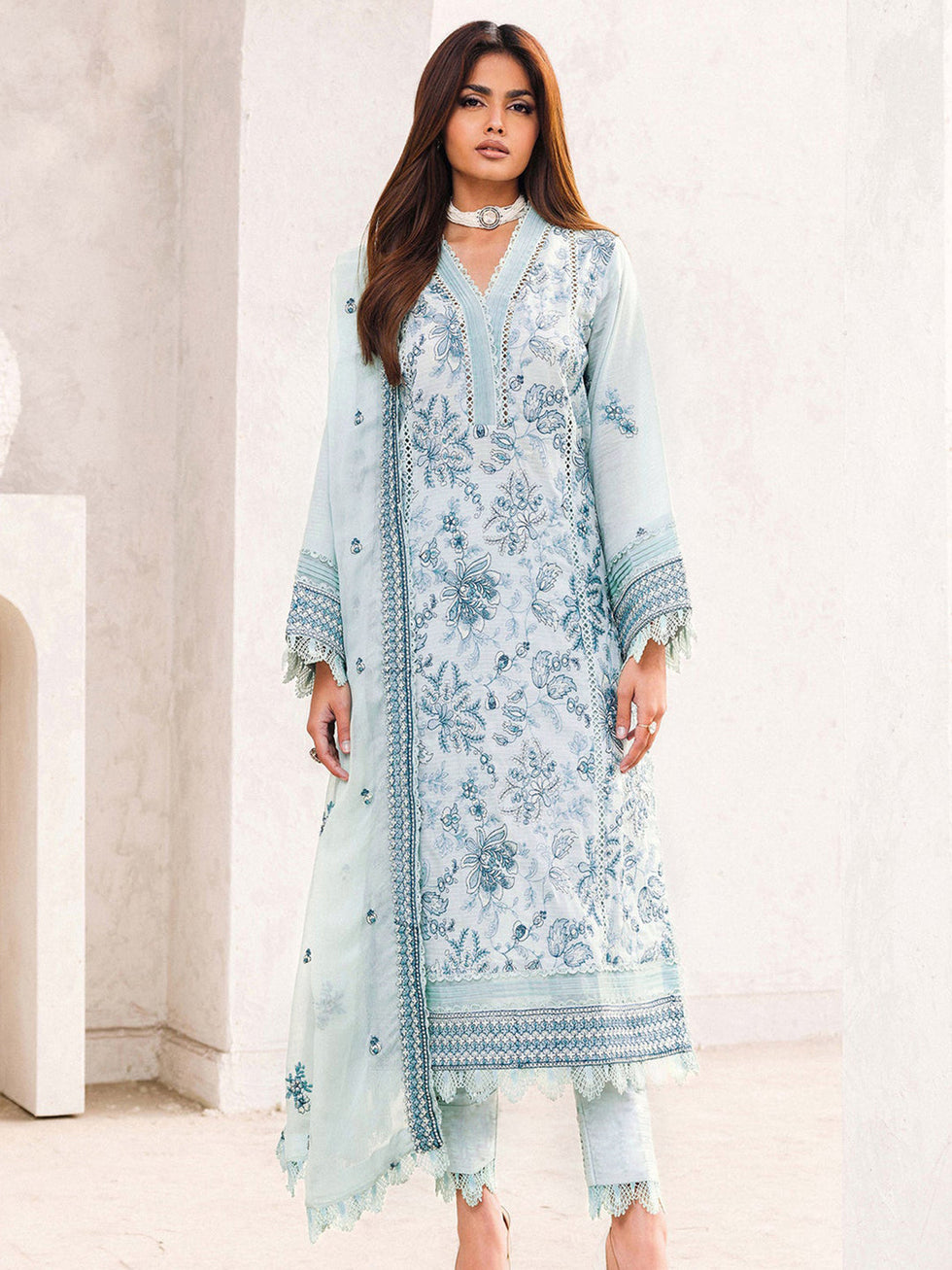 Sky Trendy Designer Readymade Pant Suit With Embroidery & Fancy Lace Work