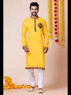 Yellow Navratri Special Men's Readymade Kurta Churidar With Machine Embroidery Patch Work Lace Work
