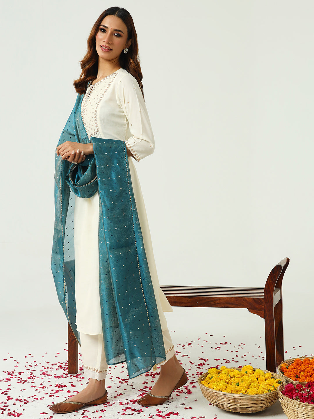 White Designer Party Wear Pant Suit With Printed work