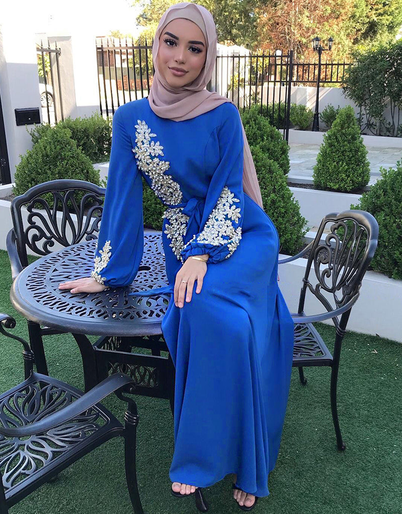 Embroidered Abaya Kaftan Dress with Waist Tie for Women – Arabic attire