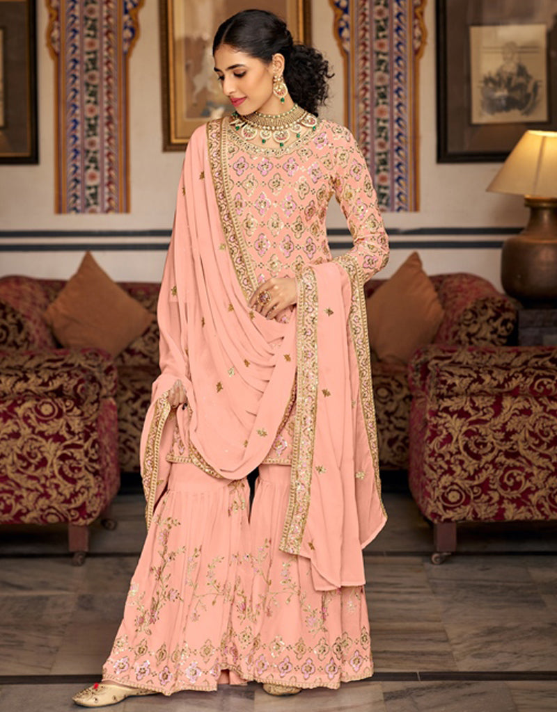 Designer Party Wear Readymade Salwar Suit Sweet Pink Heavy Faux Georgette Sharara Suit Pink Embroidred Work IE-1018-E XS / Pink