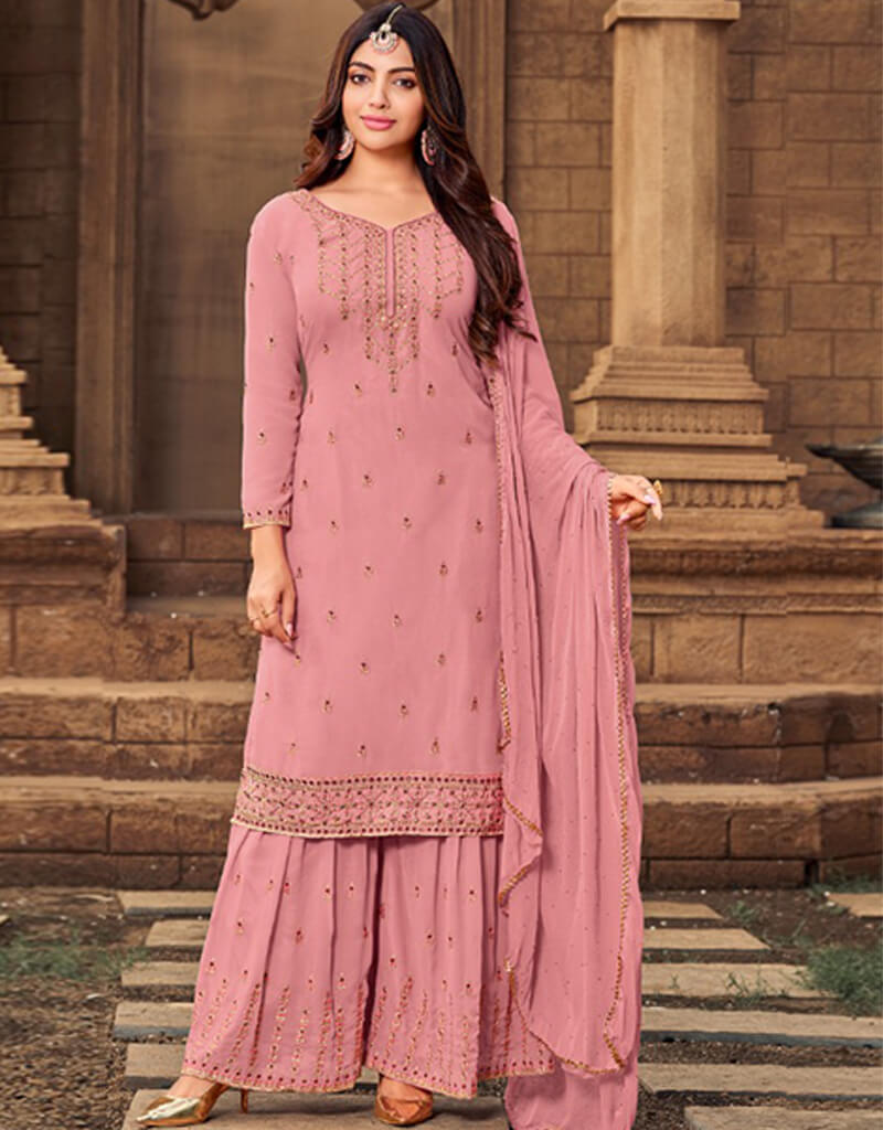 Rose Pink Sharara style Suit Faux Georgette Salwar Kameez in Embroidery, Stone & Lace Work XL