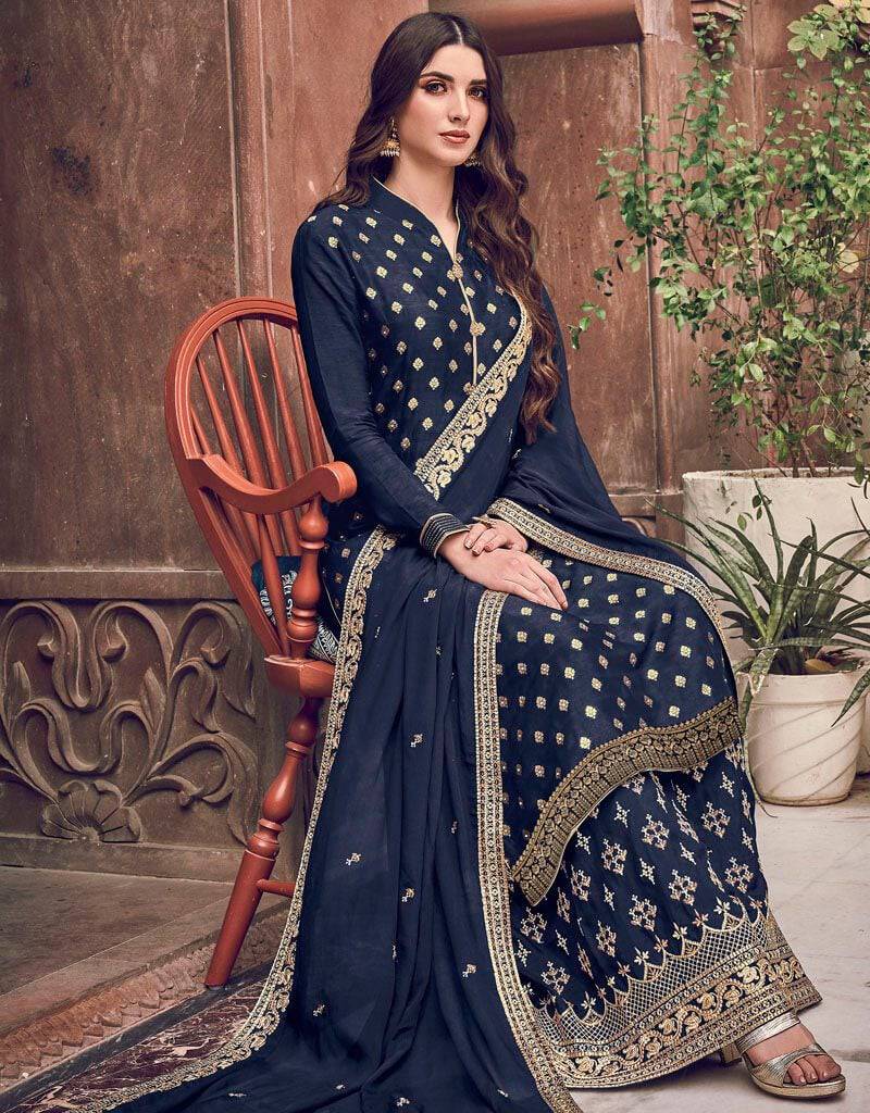 Navy Blue Pure Dola Jacquard Palazzo Dress Blue Weaving With Embroidred ...