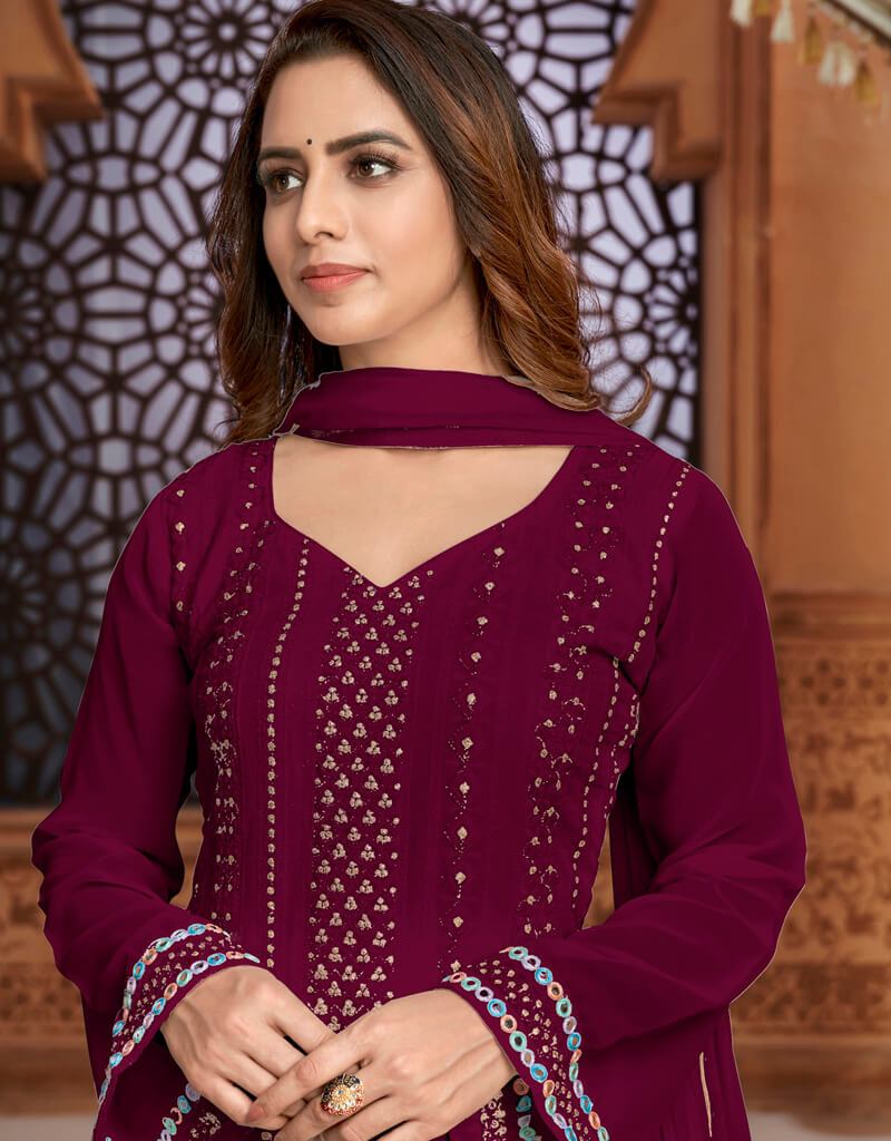 Purple Palazzo style Dress Faux Georgette Salwar Kameez in Embroidery ...
