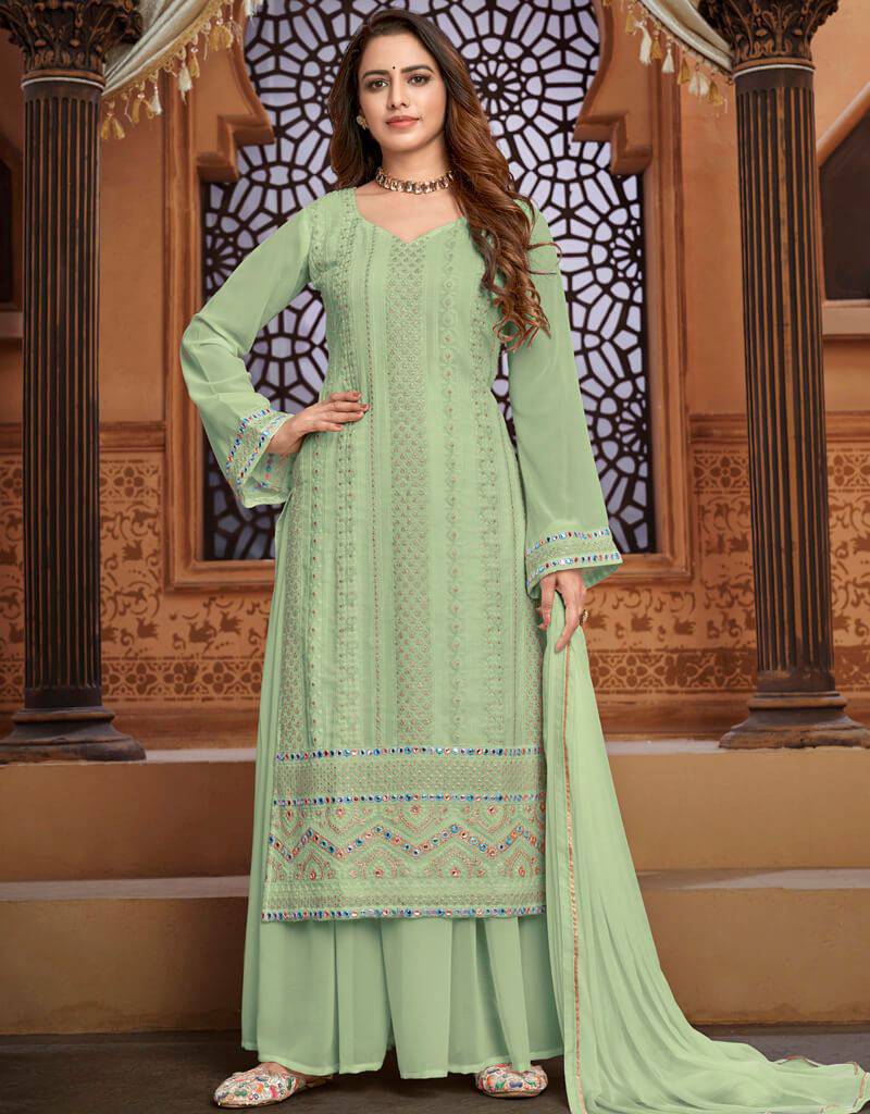 Light Green Palazzo style Dress Faux Georgette Salwar Kameez in ...