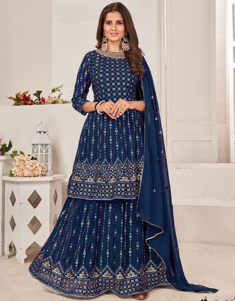 Prussian Blue Lehenga style Suit Semi-Stitch main image 0