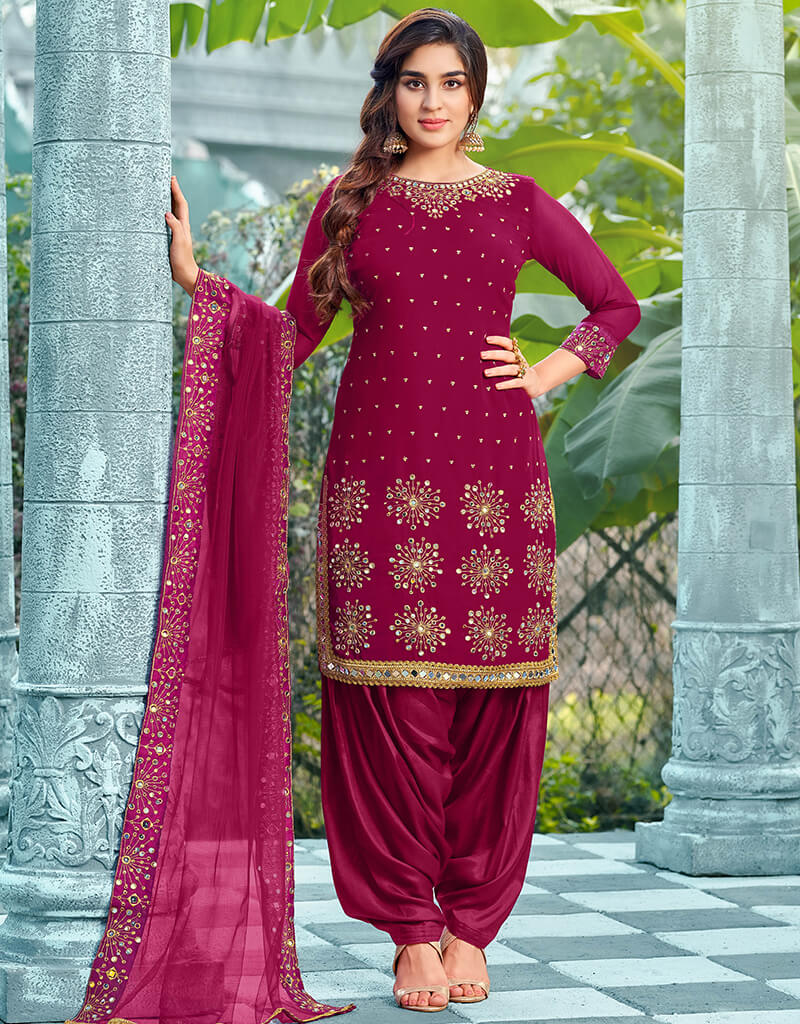 Dark Pink Heavy Fox Georgette Patiyala Suit Pink Embroidery Work with Real Mirror Hand Work Xs