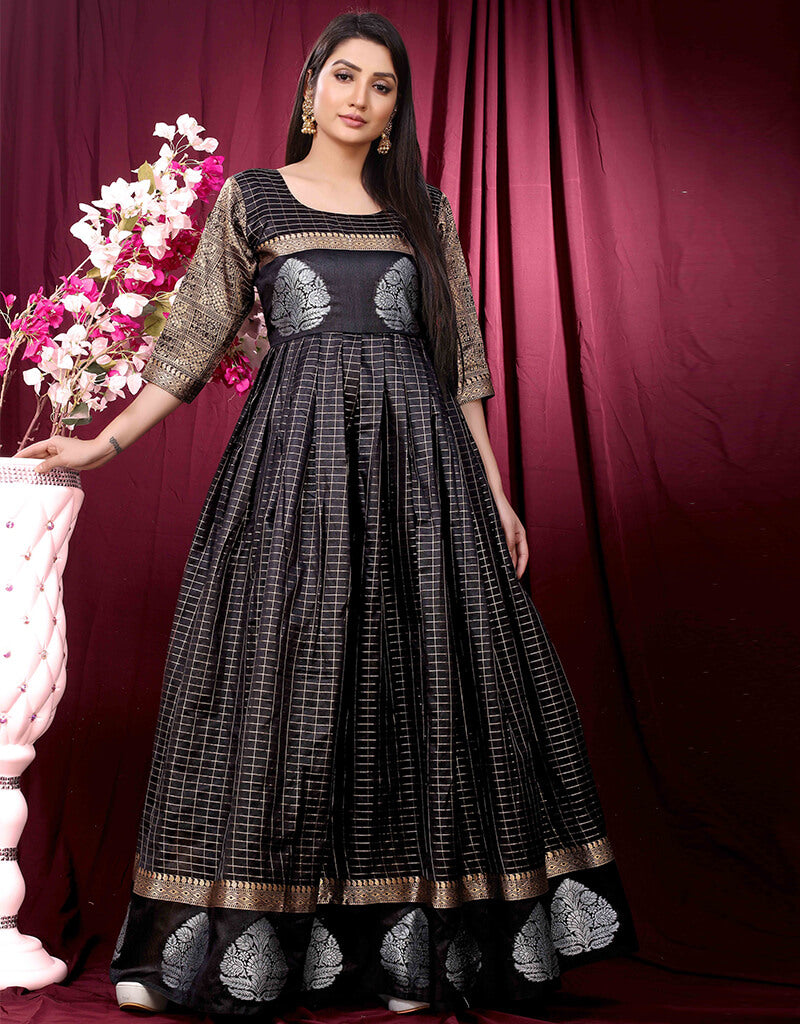 Black Designer Party Wear Pure Silk Readymade Gown Black Zari Weaving Work L