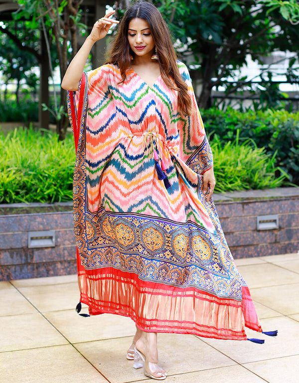 kaftan dress party wear Multi Designer Pure Gaji Silk Multi Bandhej Digital Print With Gotta Patti Lace Border Also Comes With Tassels – Arabic attire I0-1 Pumpkin yellow satin plus Coat Primary Color:Red City Vibe Plus Size