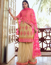 Floral Embroidered Mustard Shimmer Organza Sharara Suit