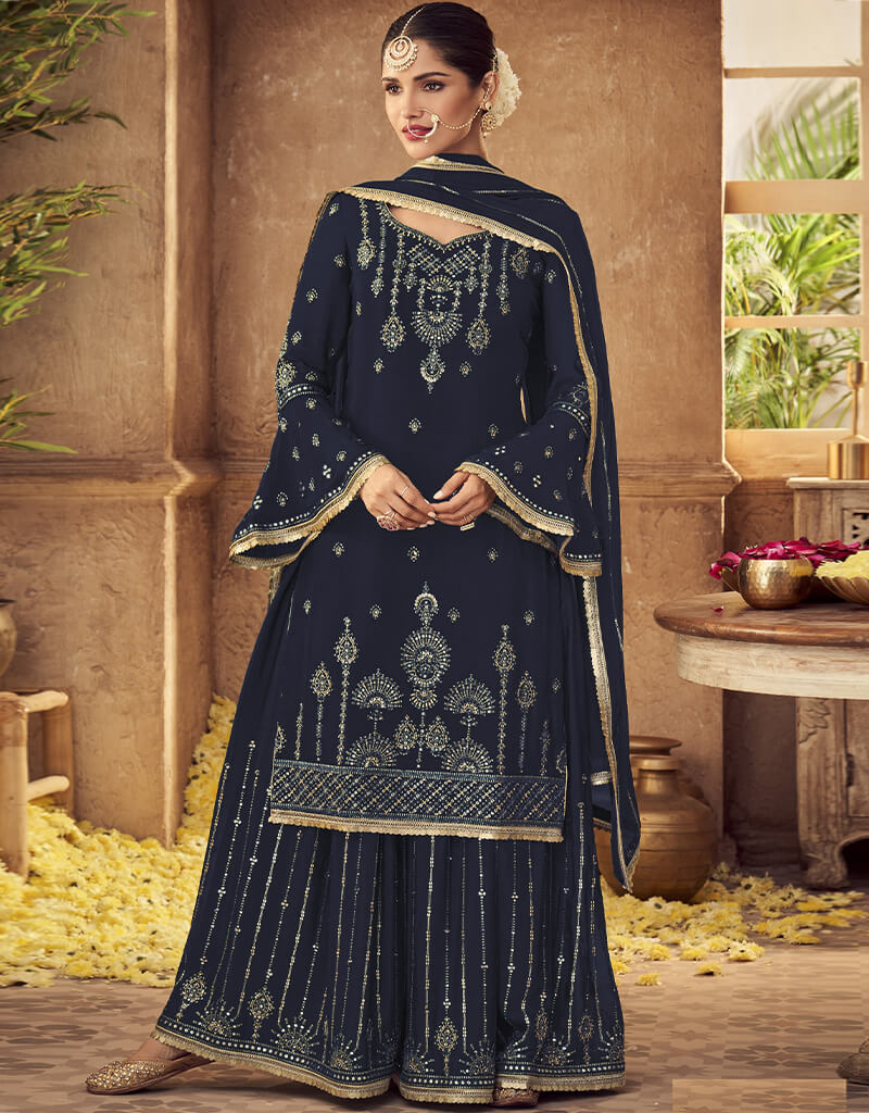 Navy Blue Fox Georgette Sharara Salwar Suit Navy Blue Heavy Embroidery Work L Navy Blue Fox Georgette Sharara Salwar Suit Navy Blue Heavy Embroidery Work L