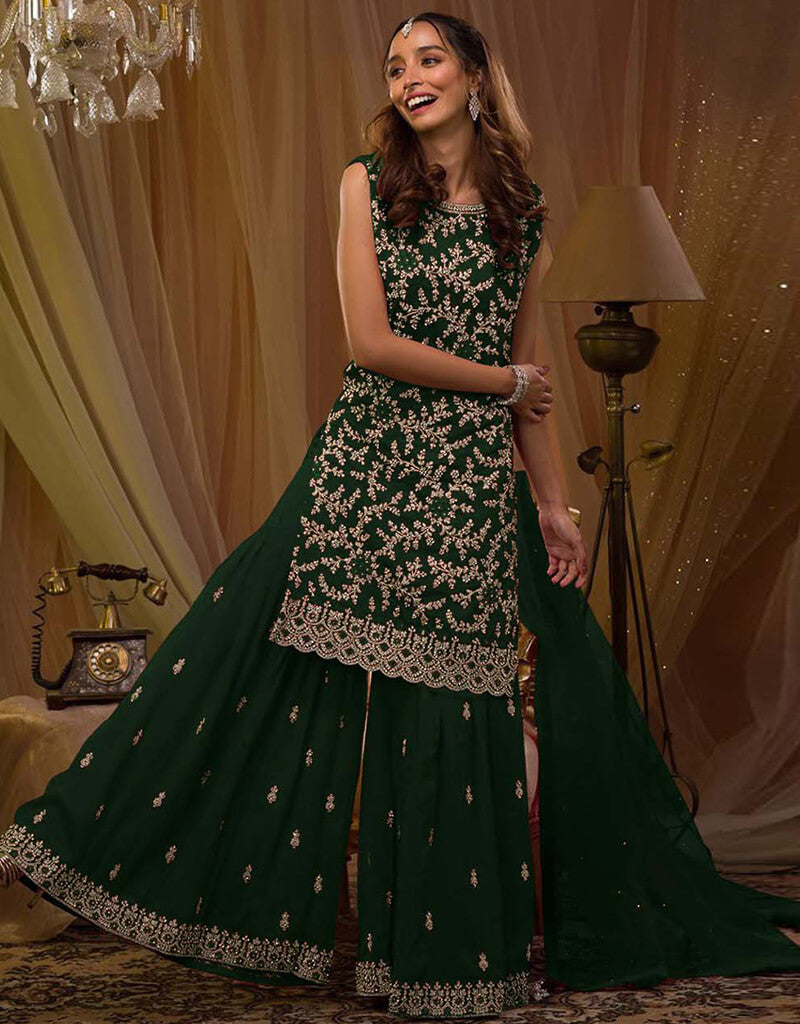 Arabic Attire Palm Green Sharara Style Salwar Suit Blooming Georgette Salwar Kameez in Cording Embroidery, Sequins & Lace Work 3XL