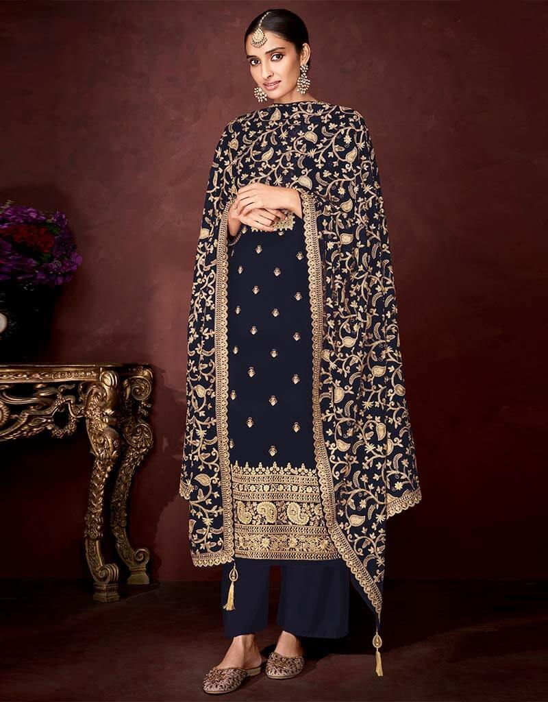 Royal Blue Pant style Straight Faux Georgette main image 1