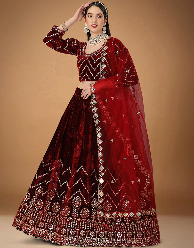 Red Oxide Viscose Velvet Lehenga Choli Red Embroidery, Sequins, Zari ...