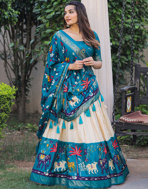 Womens Blue Dola Silk With Foil Print Lehenga Choli Set