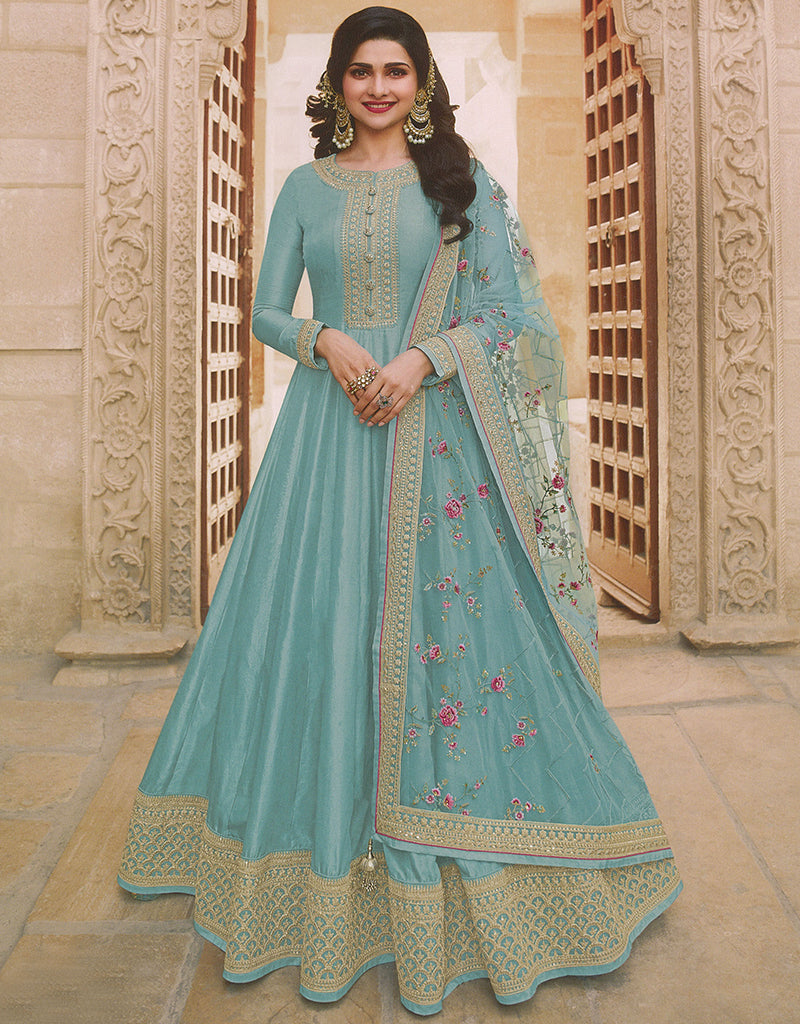 Designer Party Wear Heavy Anarakali Suit Collection Sky Blue Dola Silk Pant Anarkali Sky Blue Heavy Embroidred With Stone Work RT7989-179576 Unstitch
