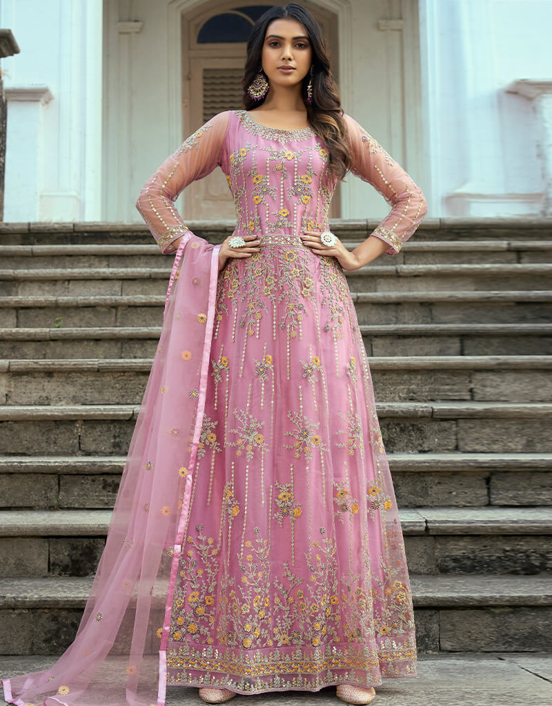Heavy Butterfly Net Pink Salwar Kameez Suit Anarkali Bottom Pink Heavy Thread Embroidery with Sequins Work L