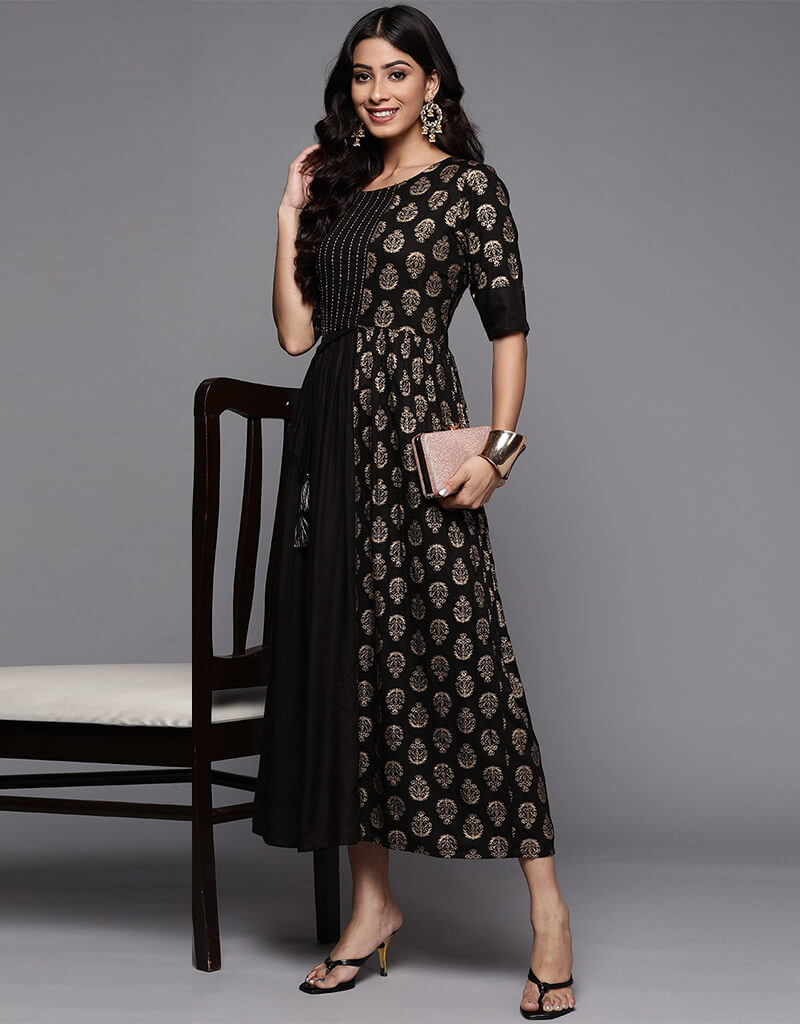 Black Midi Dress Black Print with Embroidery Work & lawn Cotton ...
