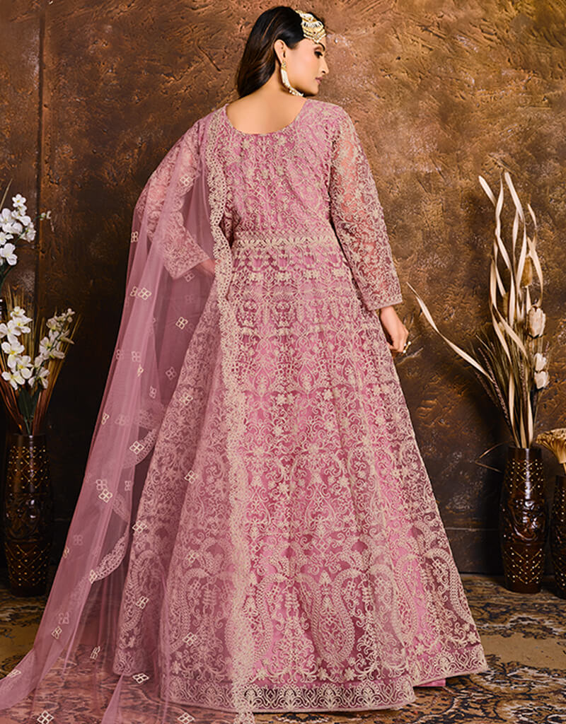 Festive Hot Pink Embroidered Net Designer Anarkali Dress