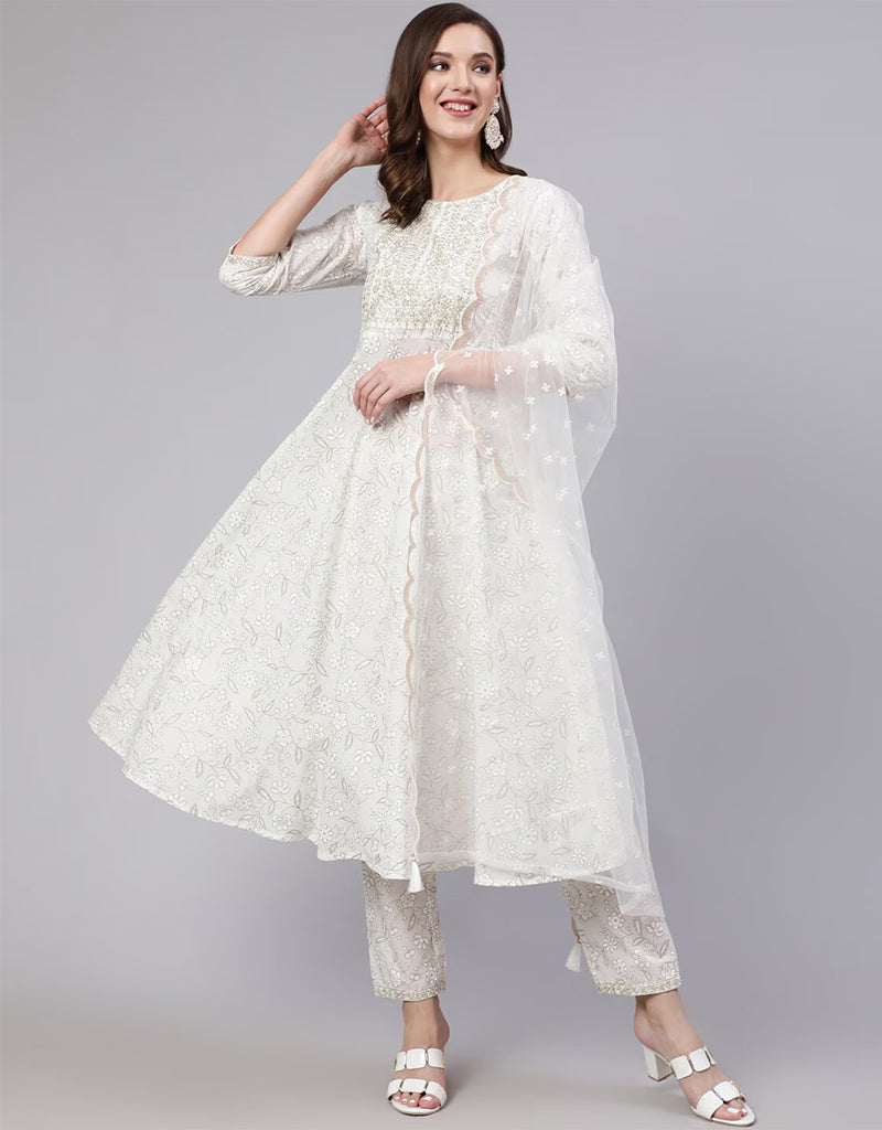Off white & Multicolored Pure Cotton Front Gathering Patola Print Suit with Side Slit pants main image 0