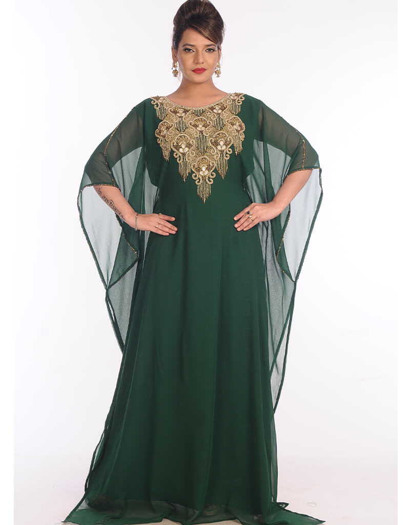 Islamic Bottle Green Georgette Hand Embroidery Party Wear Kaftan Dubai ...