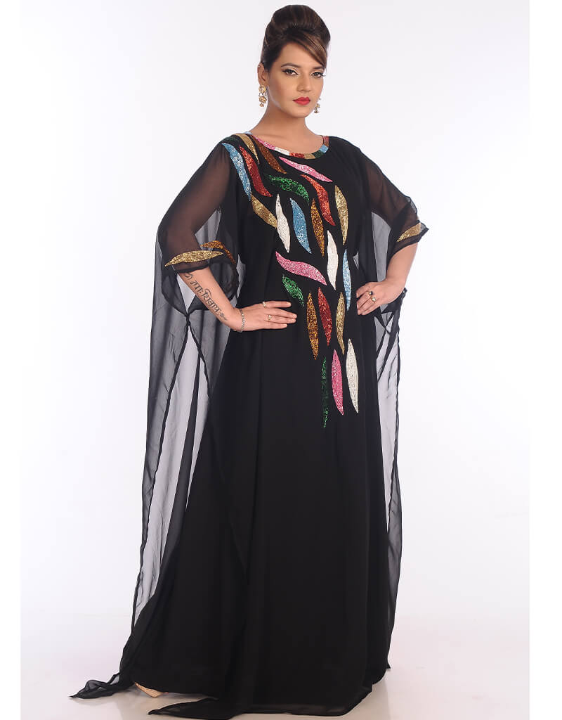 Trendy Black Georgette Hand Pearl Work Moroccan kaftan
