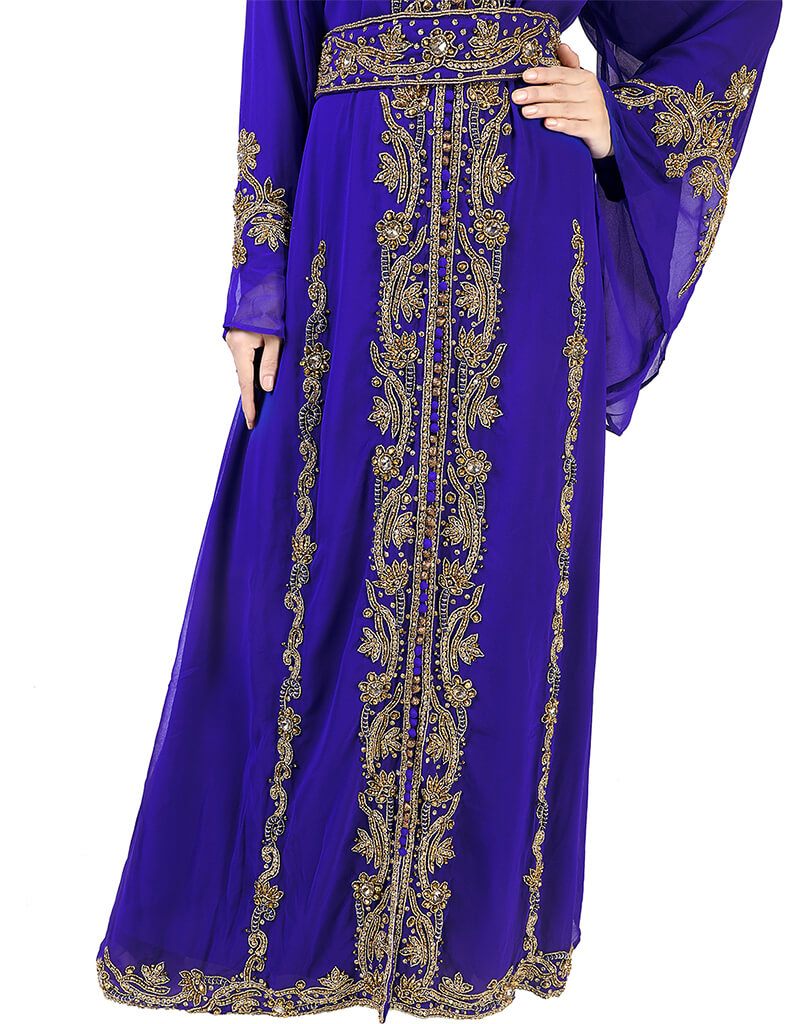 Islamic Blue and Yellow Georgette Hand StoneEmbroidery Moroccan Kaftan