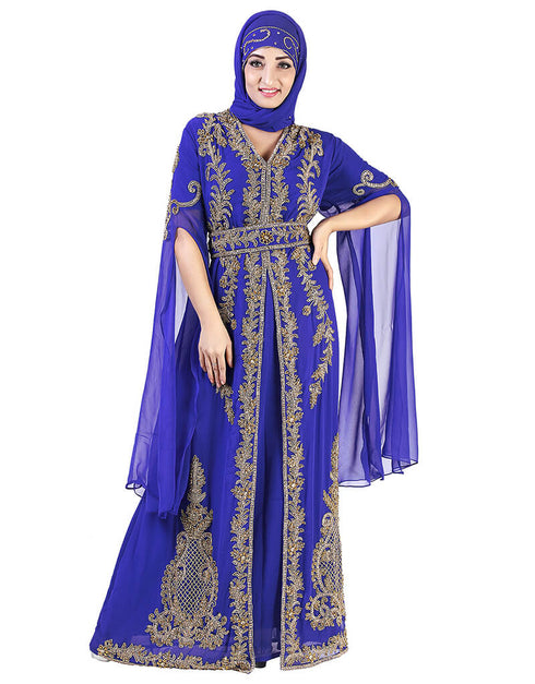 Muslim Dark Blue Crepe Georgette Hand Golden Embroidery Front Open Style Kaftan main image 0