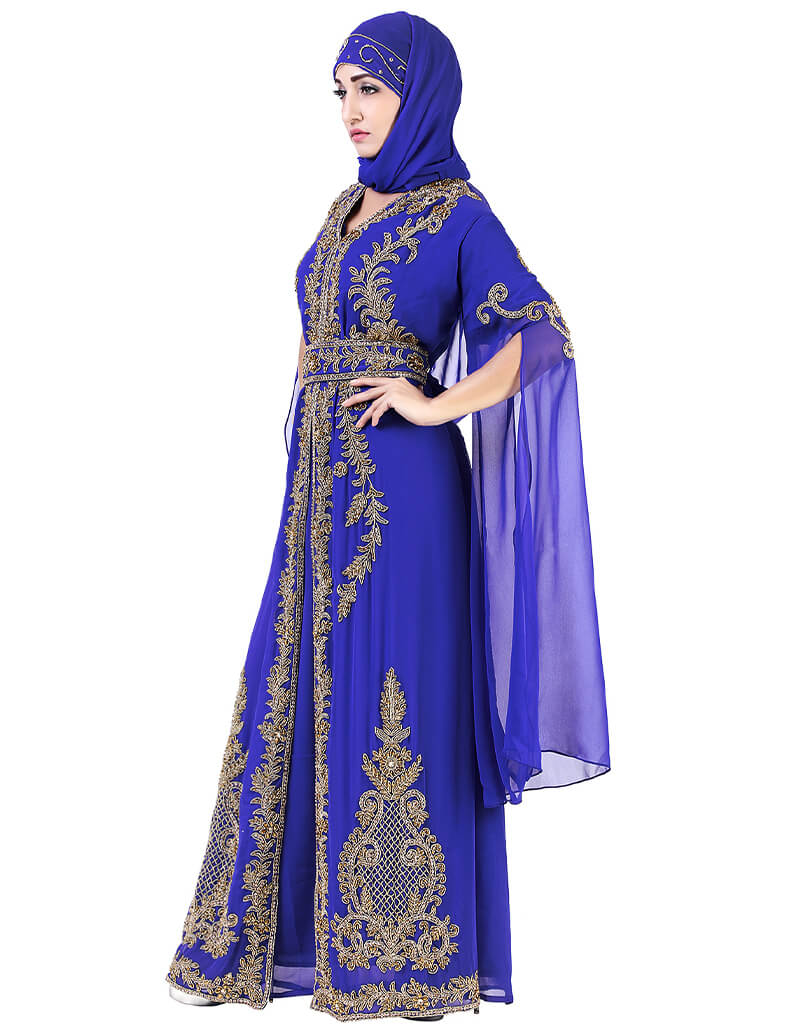 Islamic Navy Blue Georgette Pearl Embroidery Kaftan