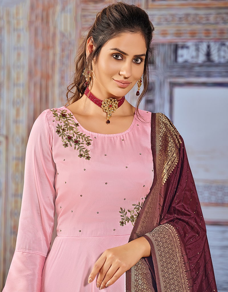 Aesthetic Pink Trendy Long Embroidered Lehenga Style Anarkali