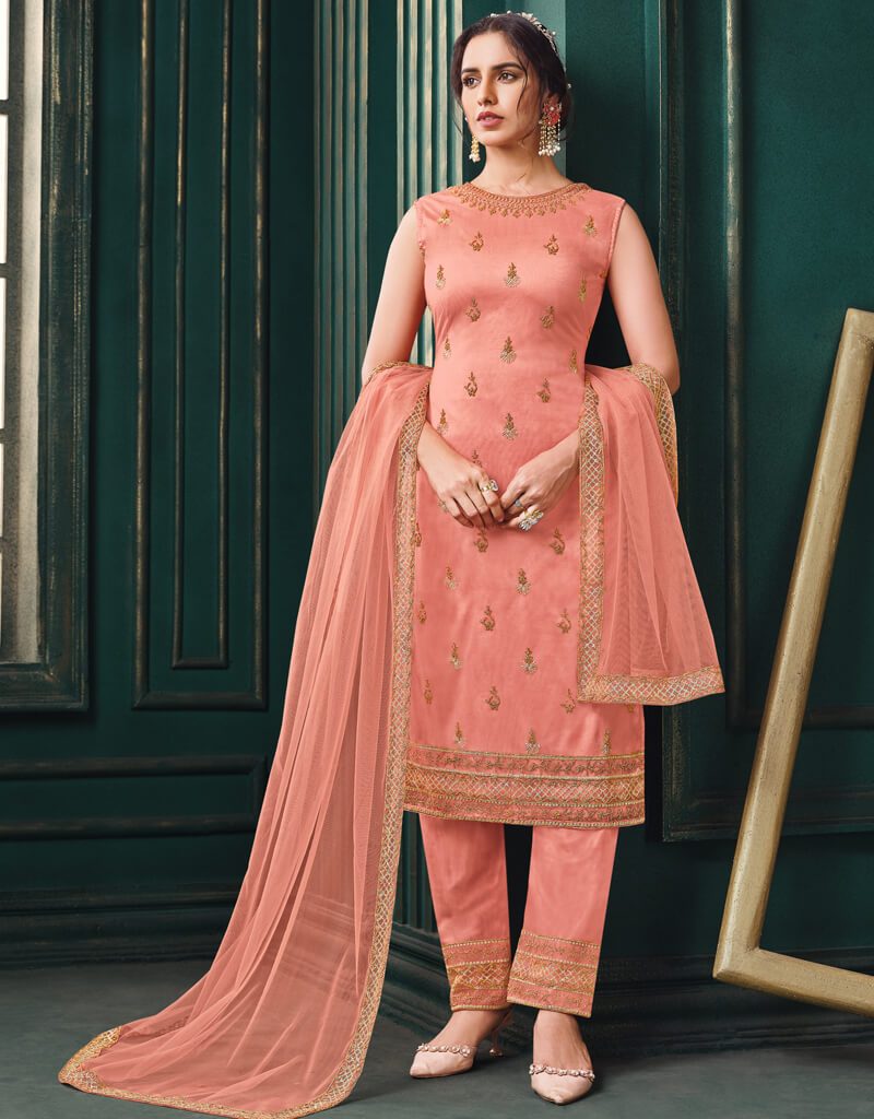 Peach Anarkali style Salwar Suit Butterfly Net main image 1
