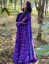 Navy blue imported georgette one shoulder gown with handwork detailing on bodice