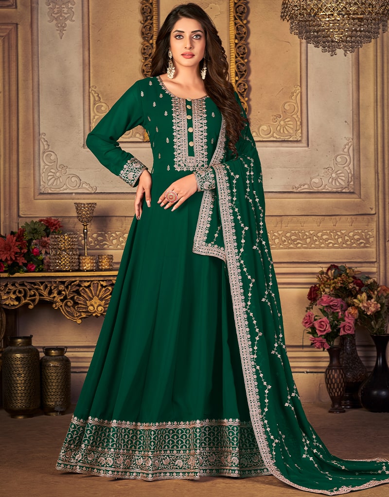 Women Green Faux Georgette Embroidered Anarkali Suit