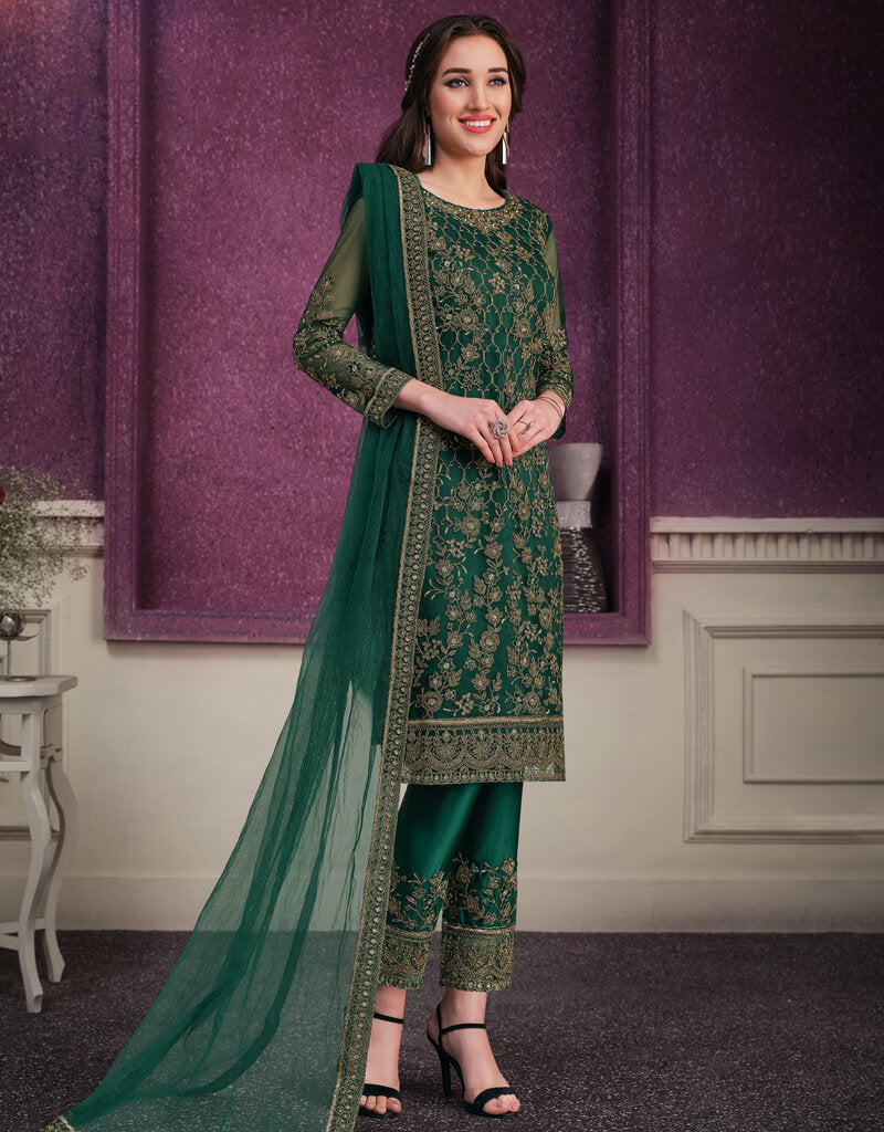 Dark Green Pant style Suits Soft Net Salwar Kameez in Cording ...