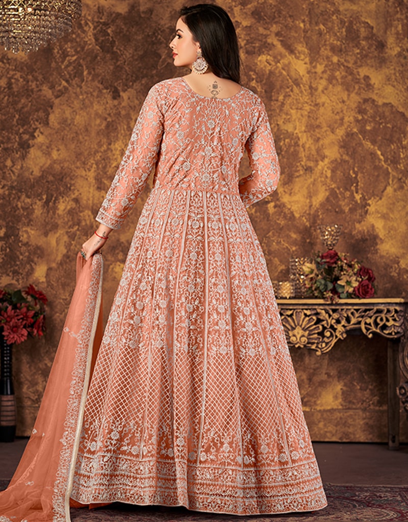 Peach Pink Printed & Embroidered Wedding Anarkali Dress