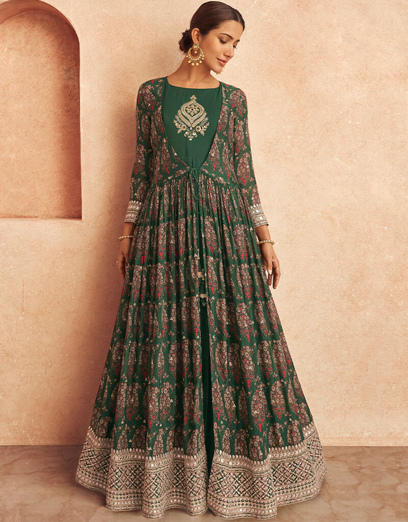 Green Anarkali style Salwar Suit Semi-Stitched Suits Salwar Kameez in Embroidery, HandWork & Lace Work M