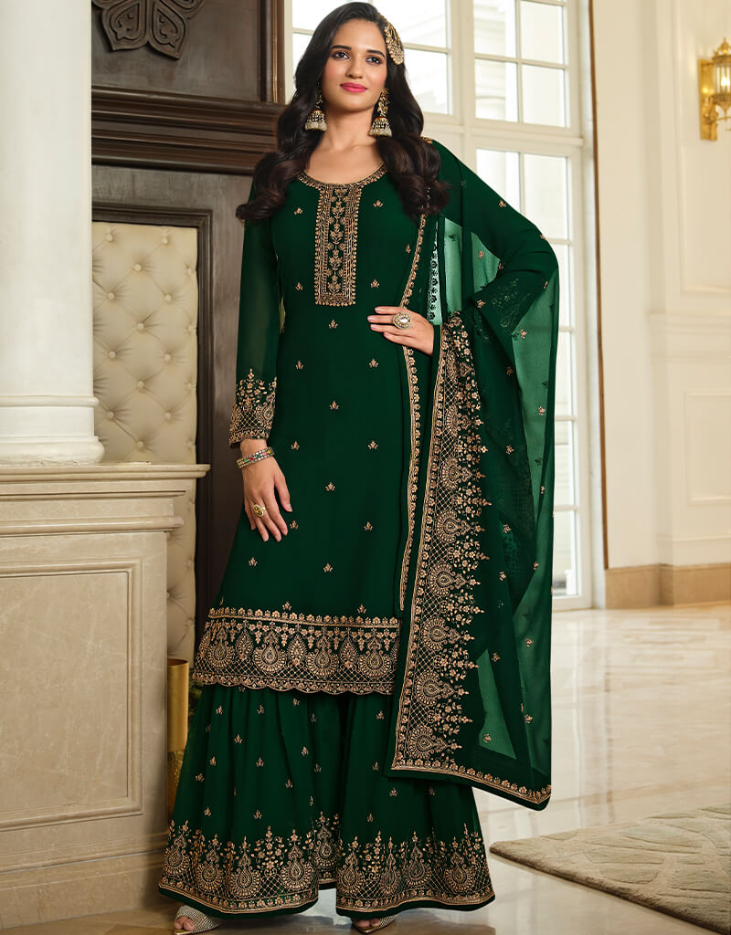 Green Sharara style Suit Semi-Stitched Suits Salwar Kameez in Embroidery, Sequins & Lace Work XS Green Sharara style Suit Semi-Stitched Suits Salwar Kameez in Embroidery, Sequins & Lace Work XS