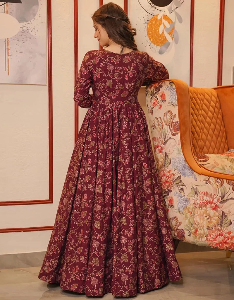 Red Muslin Silk Designer Party Wear Readymade Gown Embroidery Work Details For Gown