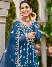 Stylish Turquoise Butterfly Net Designer Party Wear Salwar Suit With Turquoise American Crepe main image 1
