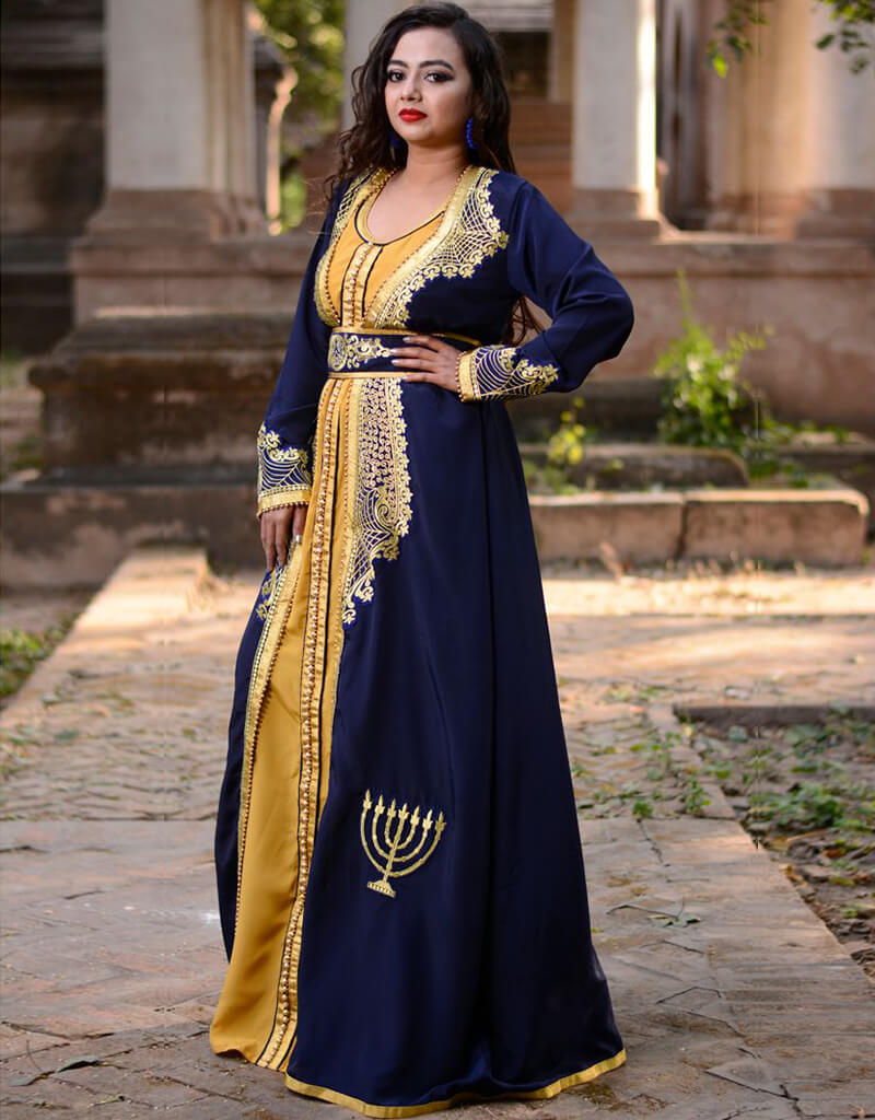 Dubai Dark Blue Crepe  Hand Silver Embroidery Moroccan main image 1