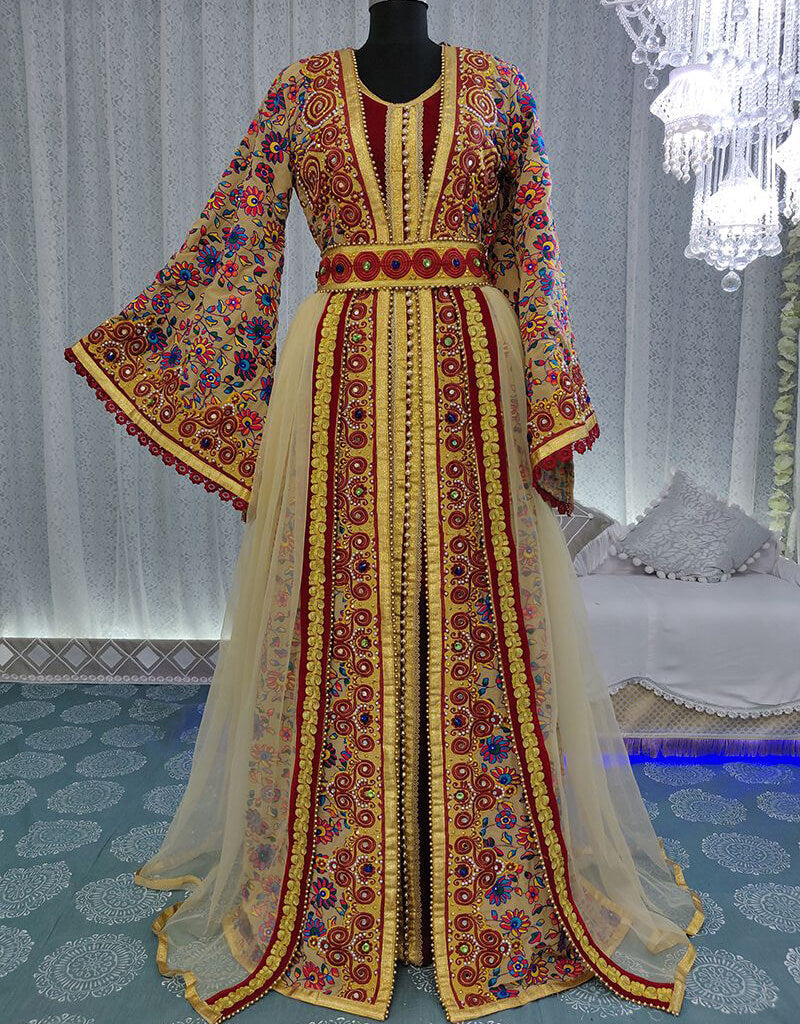 Embroidered Kaftan in Black-Maroon Velvet Fabric Takchita Gown