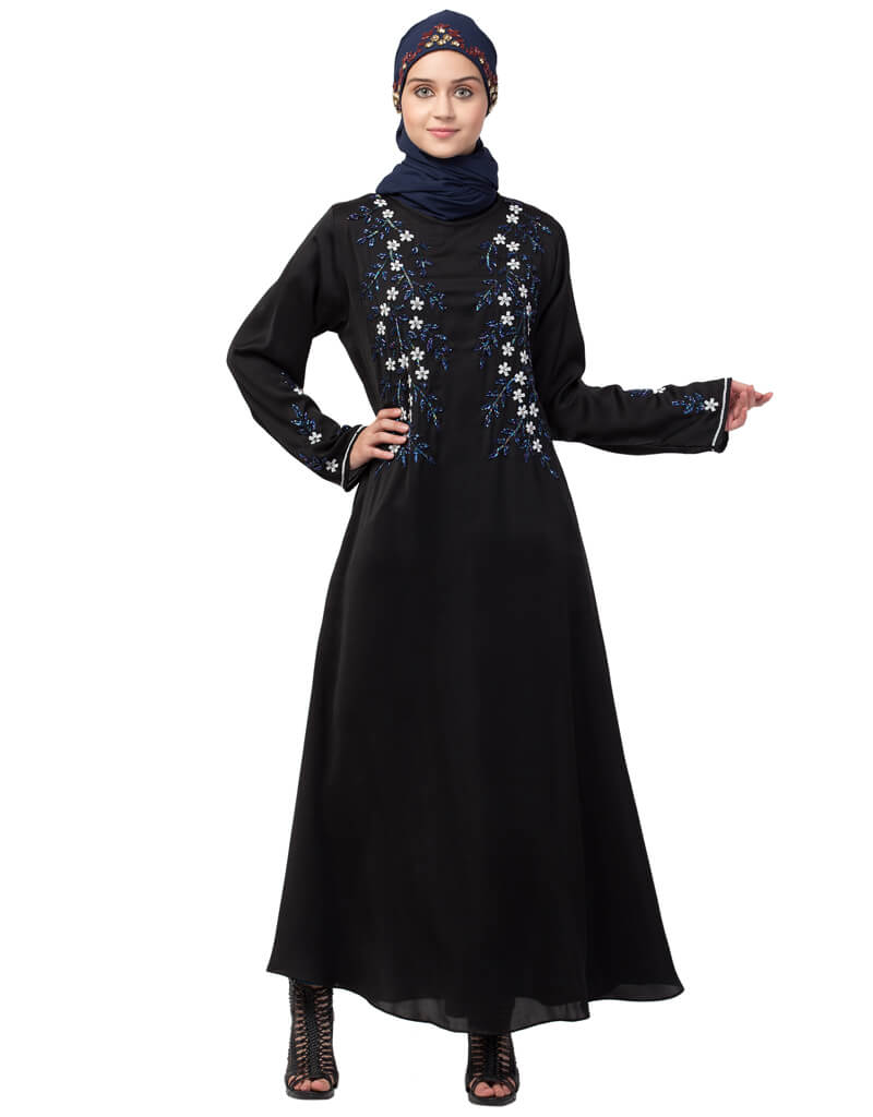 Muslim Front and Sleeve hand embroidered Party Abaya Black Flared ...