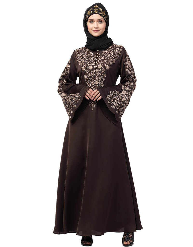 Modest Front and Sleeve Resham embroidered A line Abaya Maroon