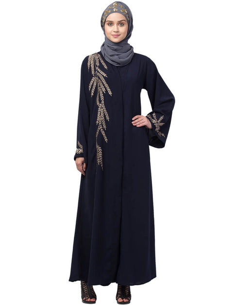 Muslim Front and Sleeve Resham embroidered A line Abaya Navy Blue